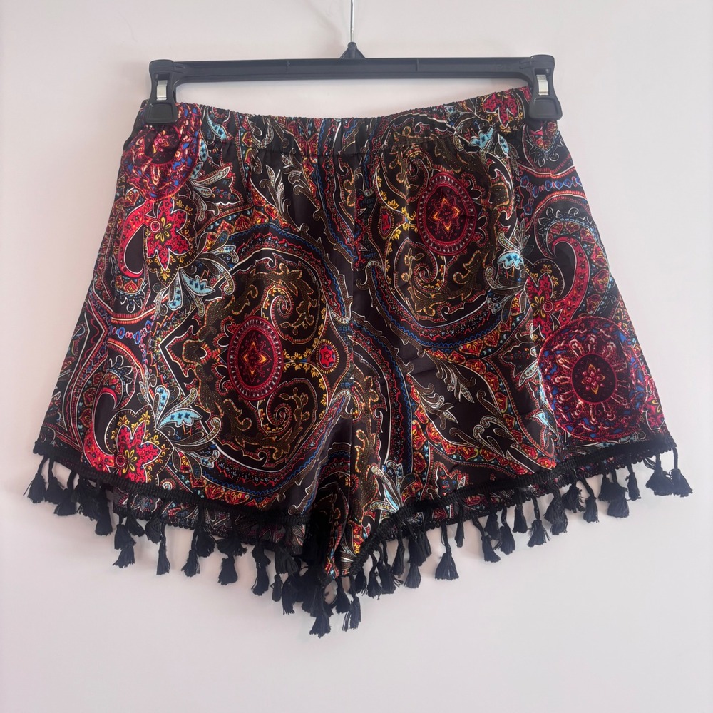 Shein Paisley Shorts Women's Large Boho Tassel Trim Elastic Waist Colorful